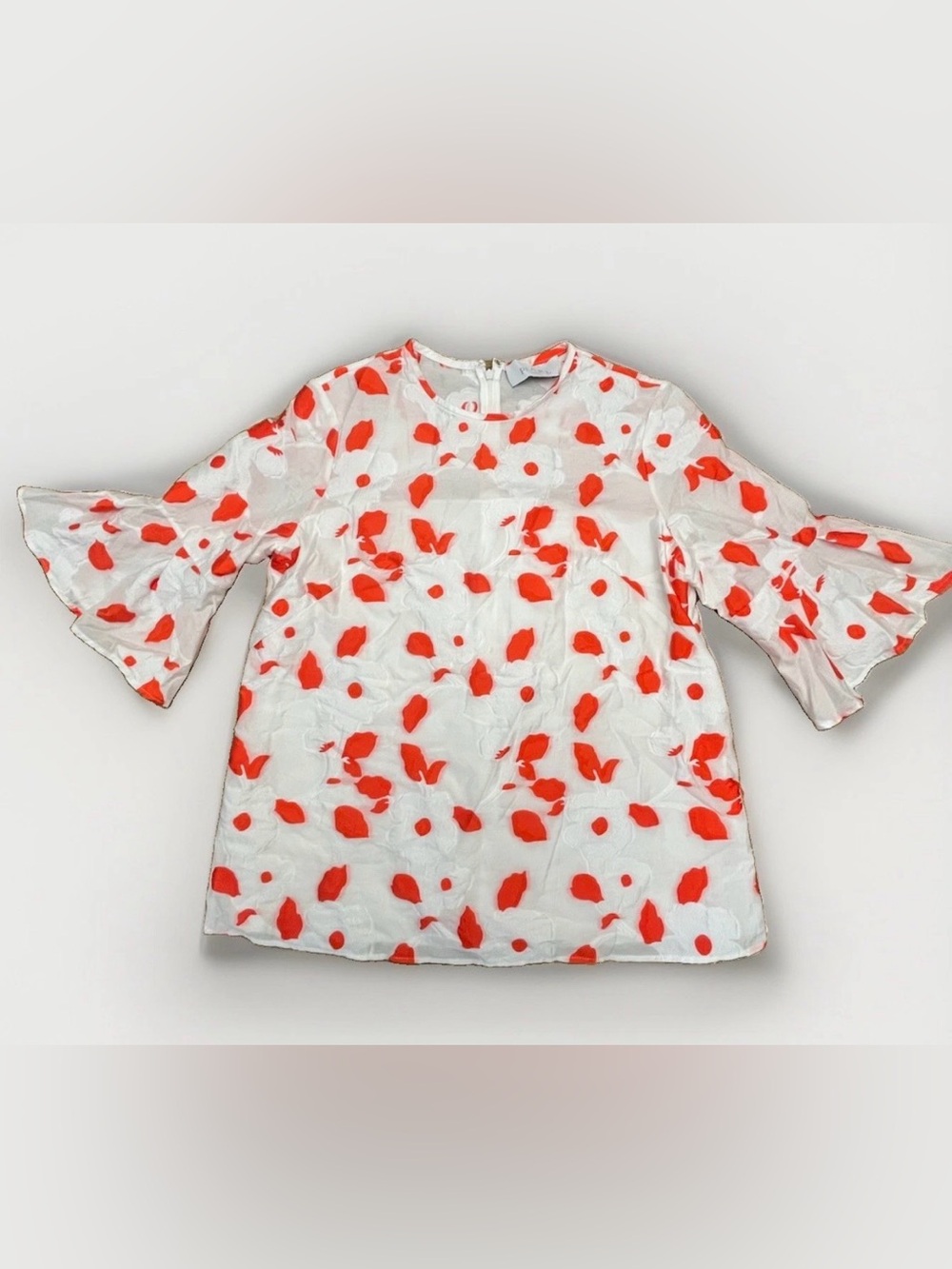 Pearl by Lela Rose Floral Blouse w/ Bell Sleeves & Red Poppy Print Sz 12 EUC